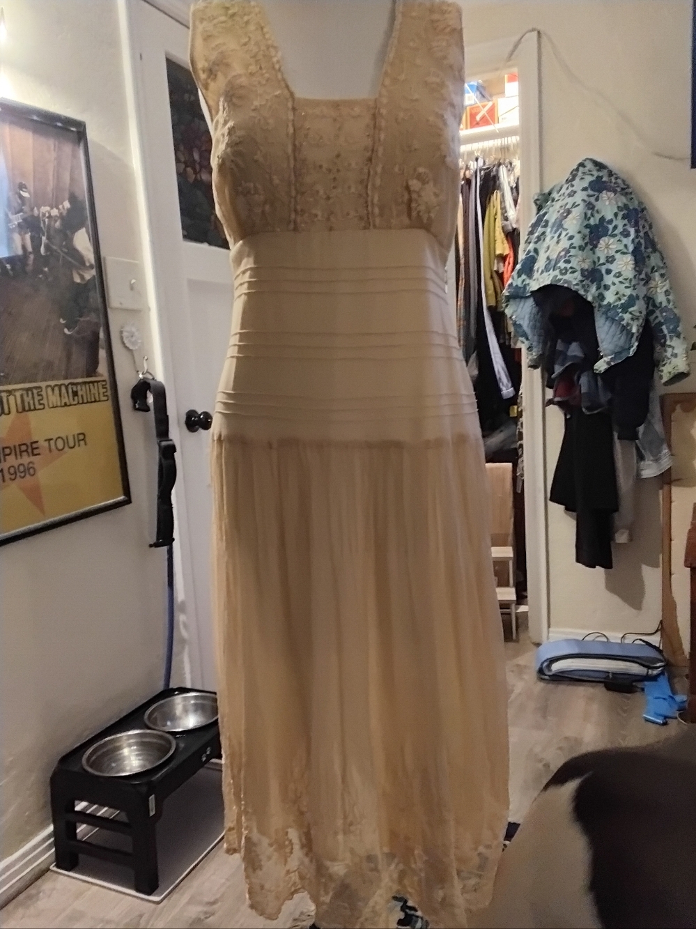 Anthropologie/Vintage Looking Sleeveless Cream Lace-Trim Midi Dress